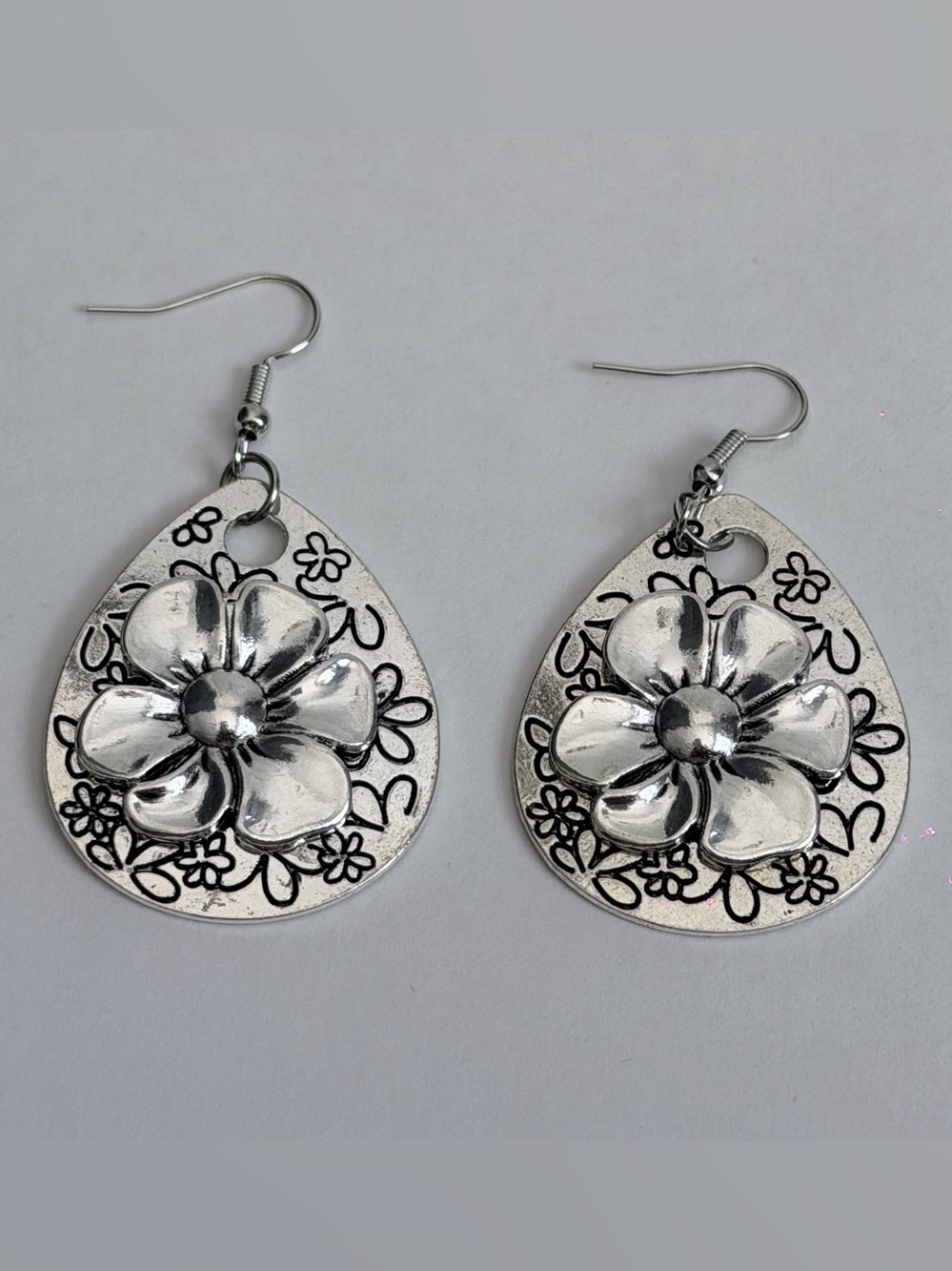 Silver Tone Bohemian Teardrop Flower Dangle Earrings 2”